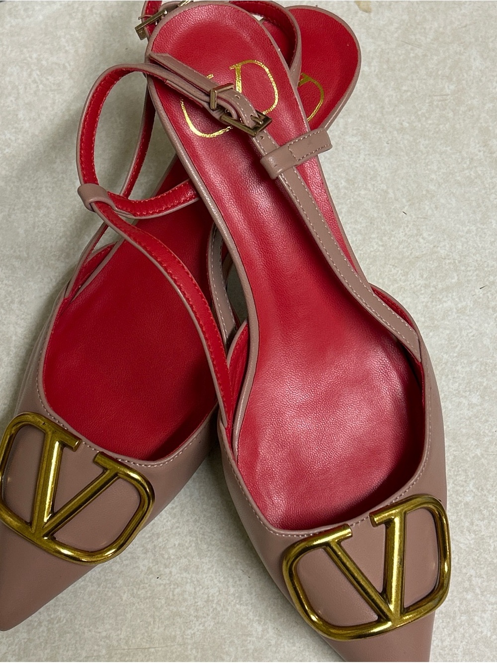 Valentino Pink Taupe Pointed Slingback Flats with Gold V Logo